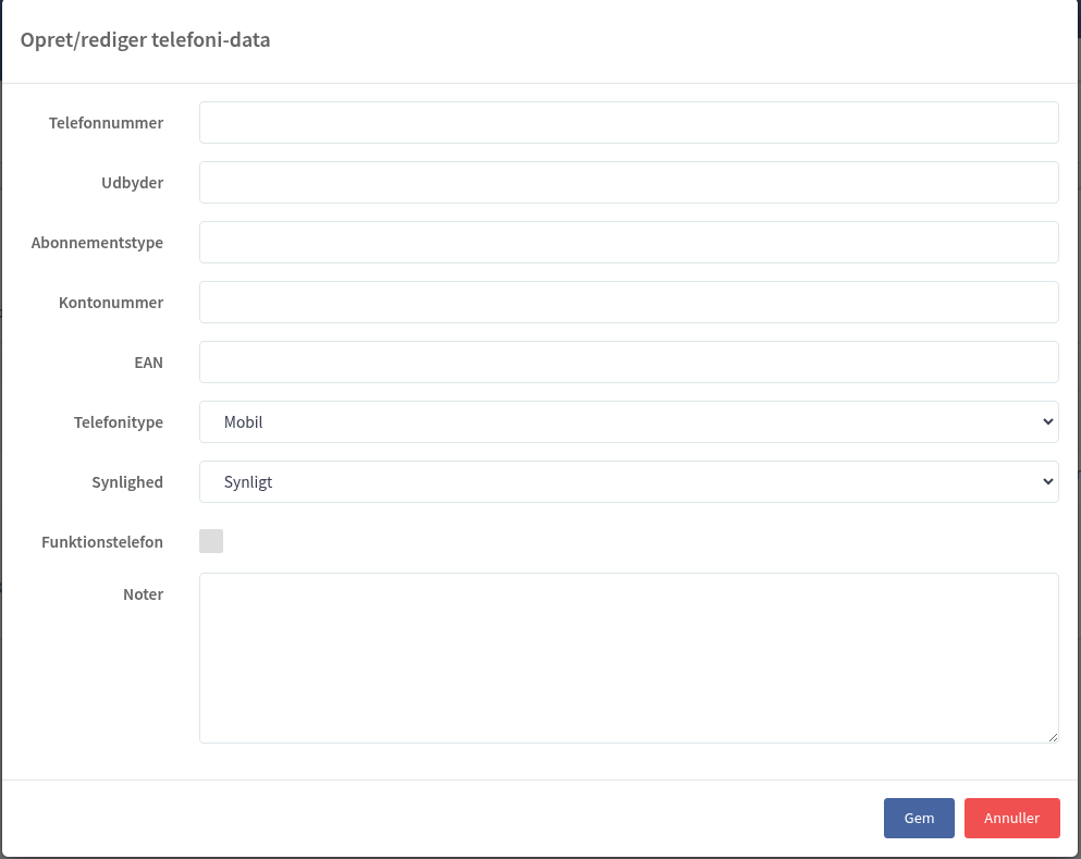 Skærmbilledet Opret/rediger telefoni-data